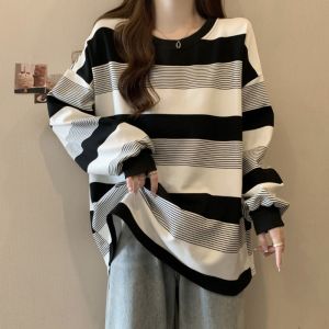 Women Long Sleeve T-Shirt Loose Striped Round Neck Undershirt Baru Perempuan Lengan Panjang 女生长袖衣