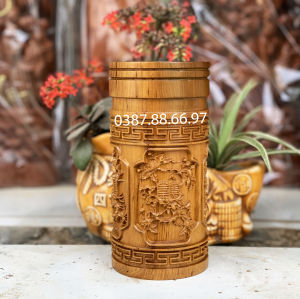 Lọ đựng thẻ hương mẫu tứ quý cao 20cm chất liệu gỗ bách xanh cực đẹp