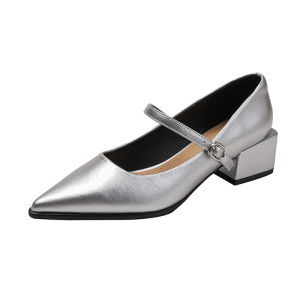 Silver Single Shoes Womens Spring with Skirt Pointed Toe Mary Jane High Heels French Strap Shoes Girls