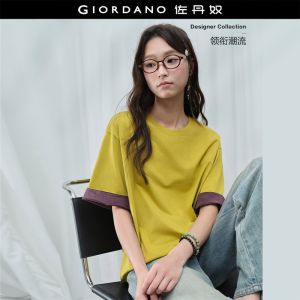Giordano Women Contrast rolled cuff short sleeve loose tee Free Shipping 18326906