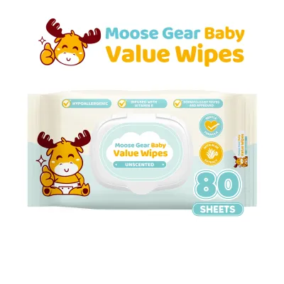 Moose Gear Baby Value Wipes Unscented 80s Hypoallergenic w/ Vitamin E & Aloe Extract