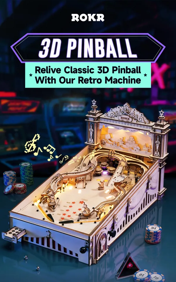 DIY Miniature Table Game ROBOTIME 3D Wooden Pinball Machine Puzzle - DIY Retro Circus Themed Building Kit For Adults Holz Flipper Selber Bauen
