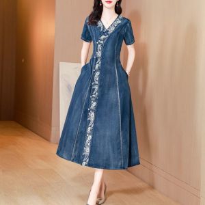 Fashion short-sleeved embroidered denim dress womens new retro heavy industry embroidered denim dress temperament short-sleeved long dress