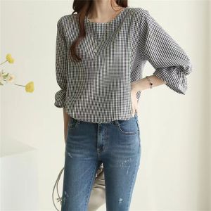 Korean Casual Plaid Lotus Leaf 3/4 Sleeves Round Neck Plus Size Striped Blouse For Women