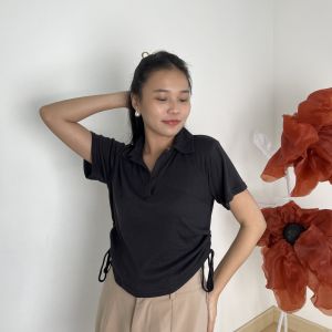 LAURA Baju Atasan Wanita - Crop Top Basic - Kaos Polo Berkerah Rib Polos - Knit Top Wangki Tali Serut