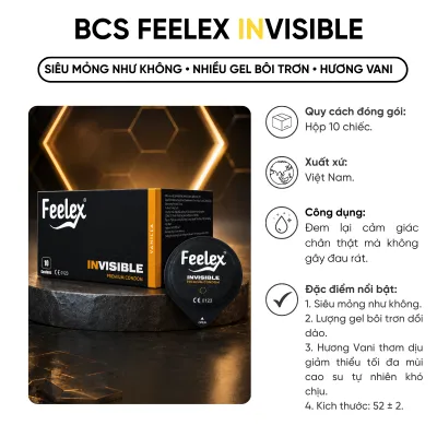 Bao Cao Su Nam Feelex Invisible Siêu Mỏng Nhiều Gel Bôi Trơn Hương Vani Dâu - Hộp 10 Chiếc Kéo Dài Thời Gian Tăng Cảm Giác