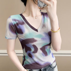 AMMIN 2025 Summer New Simple V-neck Fashion Retro Color Block Gradient Print Short Sleeve Stretch Mesh T-shirt Womens Korean Style Casual Plus Size Elegant Blouse