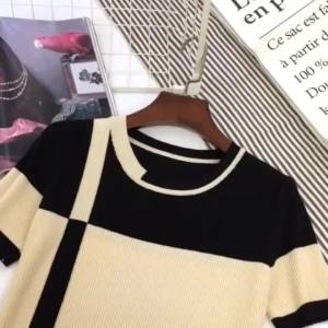 LUCKIN STORE Womens Short Sleeve T-shirt New Knit Blouse Loose Color-block Womens Top Pullover