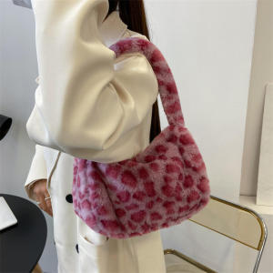 ISKYBOB Womens Soft Plush Shoulder Bag Winter Fashion Casual Solid Color Leopard Pattern Underarm Bag Female Handbags Tote Bag
