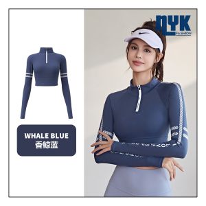 NYK Long Sleeve Yoga Tops with Fixed Padded Show Slim Fit Half Zip Sports Crop Tops Sportswear Ladies Workout Training Fitness Crop Bra Activewear