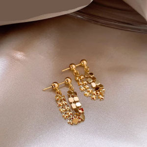 Hot Sale 18k Saudi Gold Pawnable Legit Safety Pin Earrings Aesthetic Womens 100% Original Double Layer Tassel Sheet Jewelry Haute Couture for Girlfriends Birthday Gift Buy 1 Take 1 Earring