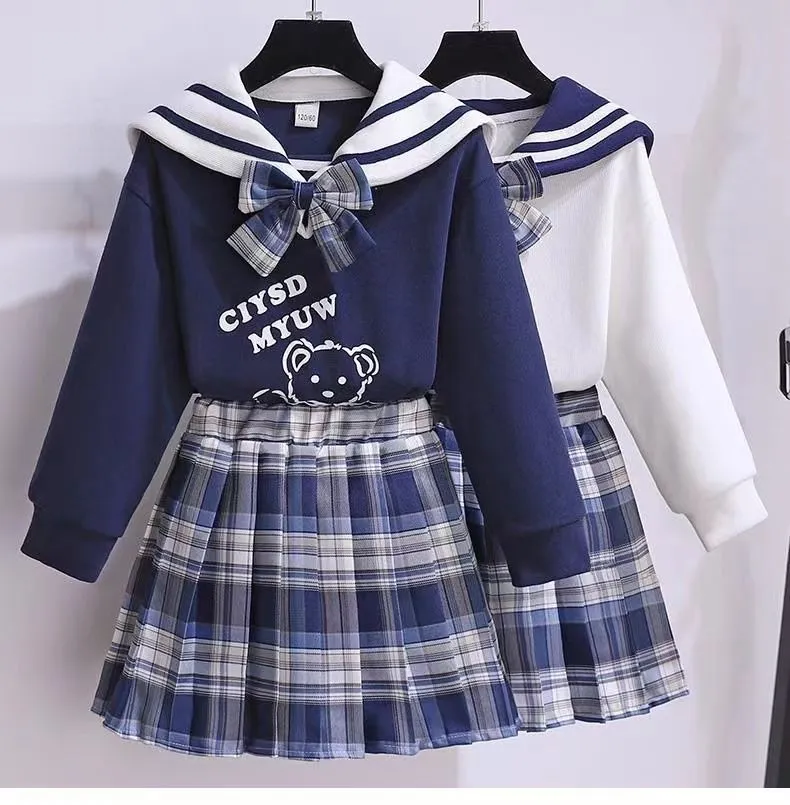 3-14 Years Teenager Girls Outfits Cute Bear Sweatshirt + Plaid Skirt 2Pcs  Suit For Girls Birthday Present Children Clothing Sets
