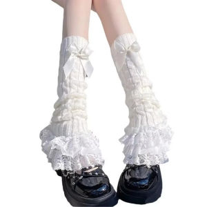 Allieuka Leg Warmers Cotton Knit Lace Ruffle Socks Lolita Bow Leg Warmer Socks Harajuku Gothic White