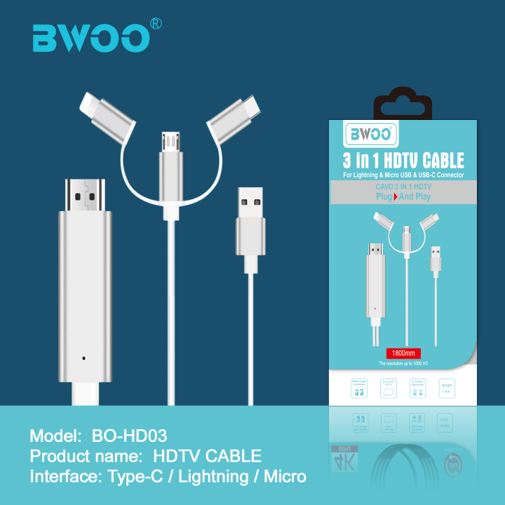 BWOO 3in1 HDTV Cable HDMI to Lightning Type C and Micro USB Adapter with  Power Charger Lazada PH