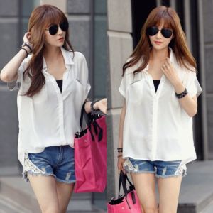 Korea Woman Casual Summer Contrast Back Yoke Loose Top