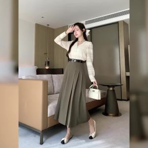 AMMIN เข็มขัดสไตล์เกาหลียาวกระโปรงสวยหรูผู้หญิงเข็มขัดฤดูใบไม้ผลิ/ฤดูร้อนแฟชั่นกระโปรงมีจีบชุดสาวออฟฟิศเอวสูง