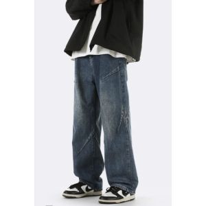 Ielgy Quần Jean Nam Quần dáng đứng dáng rộng khâu màu sắc tương phản mới