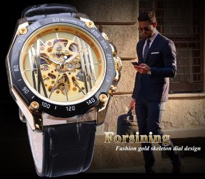 Forsining Hot Golden Skeleton Clock Male Mens self-winding fashion mens watch top brand luxury luminous hands black strap. Mens gifts