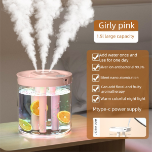 Taoxilife 1.5L Large Capacity Humidifier 3 Nozzles Fine Mist Humidifier with 7 Color Night Light Silent Sterilizing Air Humidifier For Home Office Bedroom