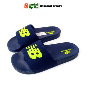Sandal slide Casual New Balance pria wanita tipe selop slip on warna navy list hijau stabilo premium