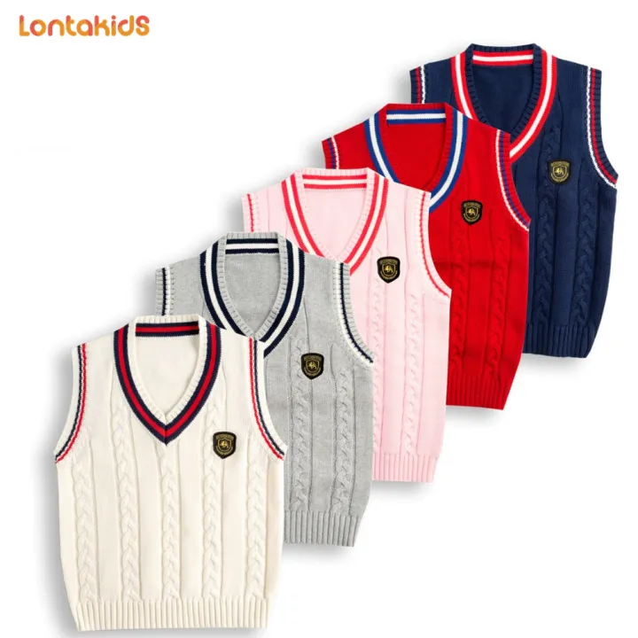 lontakids 3-14 Years Kids Boys Girls V Neck Uniform Vest Waistcoat Teen  White Grey Pink Knit Sweater Vest Solid Color Sleeveless Pullover Knitwear  Top