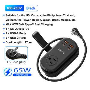 ORICO US Plug - 65W GaN Power Strip with 3 AC Outlets 2 USB-A 2 USB-C Ports Fast Charger for MacBook iPad iPhone (AP3-65W)