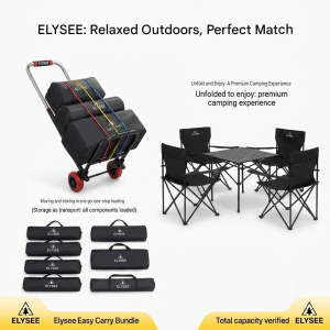 Elysee Easy Carry Camping Gear | 1 Heavy Duty Trolley + 1 Roll-Top Table + 4 Folding Chairs | Complete Setup