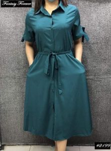 Fashion plain buttons short sleeve polo maxi dress with rope#2199