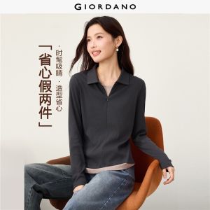 Giordano Beau Monde Women Fake two-piece half zip collar polo shirt Free Shipping 13316793