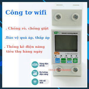 công tơ điện tử wifi tuya 63A đo điện năng tiêu thụ bảo vệ điện áp điều khiển từ qua điện thoại