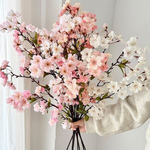 MIRELINA Pink Artificial Sakura Flower Silk Decorative Fake Cherry Blossoms  Peach Artificial Faux Plants Wedding Decoration