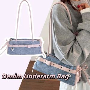 YIXINA Màu sắc tương phản Túi xách tay kiểu Pháp Ngọt ngào Ruộng băng Túi đeo vai PU hình nơ Chất lượng cao Màu xanh Túi denim dưới cánh tay Phụ nữ