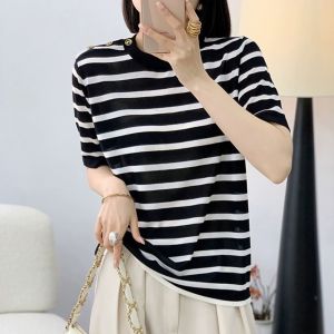BL20906 Button Shoulder Stripe Knit Top