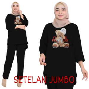 Setelan Kaos Wanita Oversize Ld 130cm Bahan Babyterry Baju One Set Wanita Jumbo Terbaru Beruang Topi