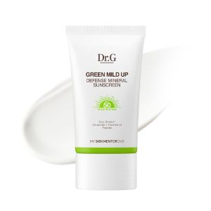 Dr. G Green Mild Up Defense Kem chống nắng khoáng chất - SPF 50 Kem chống nắng phổ rộng của Hàn Quốc - Công thức khoáng chất nhẹ và an toàn cho rạn san hô - Dành cho da nhạy cảm - Không nhờn rít - Bao gồm Centella Asiatica - 1.69 Ounce