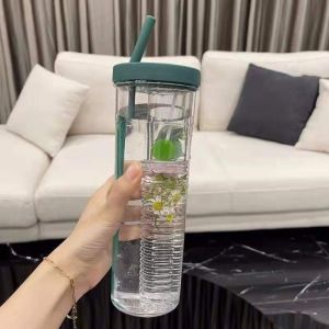 700ML Large Capacity Korean Version of Simple Plastic Water Cup Folding Straw Filter Lemon Cup