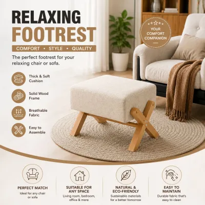 Minimalist Home Ottoman Footstool Lightweight Cross‑Leg Wood Stool with Soft Cushion for Sofa Side Entryway