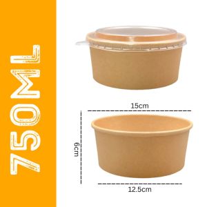 BESTIT 50pcs Disposable Kraft Salad Bowl 500/750ml with Lid Disposable Paper Bowl Thickened Round Disposable Lunch Box Food Packaging