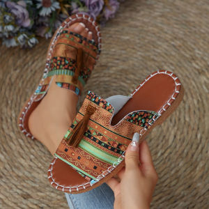 Plus Size Flat Ethnic Style Slippers For Women 2025 Summer New Tassel Beach WomenS Shoes Size 43