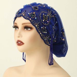SHIHENG Flower Embroidery Turban Hat Long Tassel Shiny Beads Indian Headscarf Mesh Turban Pre-tied Beaded Bonnet Daily Wear