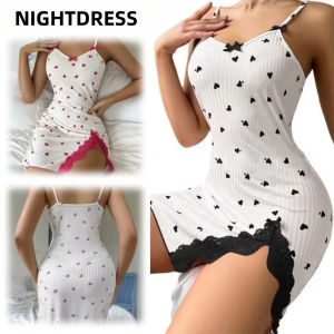 [local Stock]Ladies Nightdress Lace   Womens Night Gown Lace Trim Heart Print Nightgown Lace Tie Sleepwear