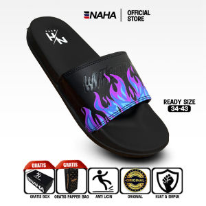 NAHA Sendal Selop Distro Pria Wanita Empuk Api (Ungu Biru) Hitam Sandal Slop Anak Cowok Karet Dewasa Sandal Slip On Slide