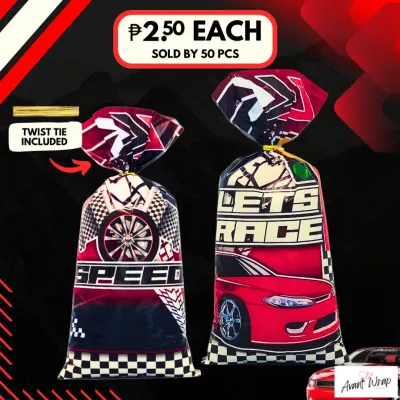 (50PCS) GG2053 Race Car 12X27 CM Plastic Goodie Bags Party Candy Treat Loot Bag with Tie
