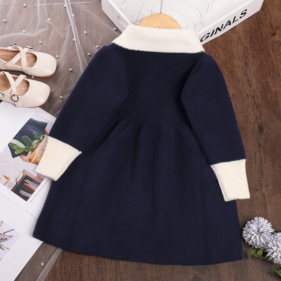 Bear Leader Baby Girl's Cute Sweater Dress 2023 New Autumn Winter Collar  Lace Cherry Contrast Knit Dress for 4-8 Years Old