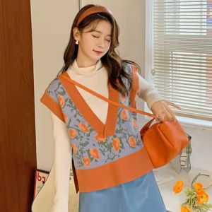 เสื้อกล้ามถักสําหรับสตรีแขนกุดคอวีลายดอกไม้สีส้มทรงหลวมใส่สบาย lune 0389#