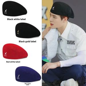 XU HOME ถักนิตติ้ง หมวกเบเร่ต์ ฉลากจิงโจ้ มือถักนิตติ้ง หมวกบีนนี่ แฟชั่นสำหรับผู้หญิง ระบายอากาศได้ระบายอากาศ หมวกกองทัพเรือ ใช้ได้ทุกเพศ