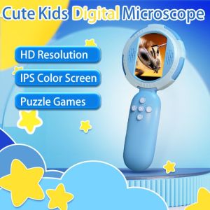 ANBIHE 8 LED Lights Digital Microscope 100X High Definition Handheld Magnifying Glass Multipurpose with Puzzle Game Mini Microscope Children