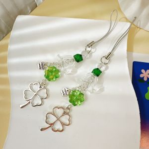 HBESTY  Handmade Beaded Phone Chain Lucky Four Leaf Clovers Phone Chain Colorful Keyring CCD Pendant Cellphone Accessory Ornament