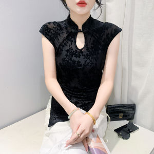 Ammin 2024 Áo sơ mi cài cúc bất thường kiểu Trung Quốc mới cho nữ mùa hè Áo Áo Blouse thanh lịch không tay trễ vai dáng ôm sang trọng