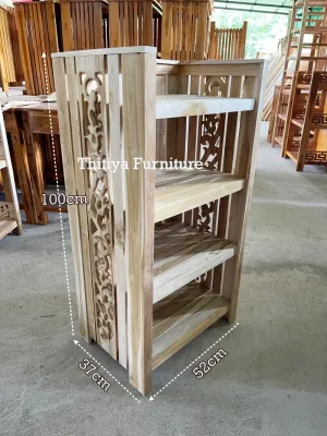 ชั้นวางของอเนกประสงค์ 4 ชั้น ไม้สักแท้ ฉลุลายด้านข้าง ชั้นเข้ามุม ขนาด37x52x100ซม